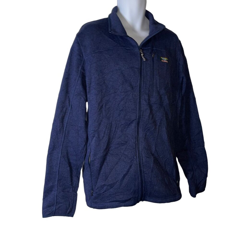 LL Bean Ribbed Cardigan Sweater Mens XL Big Tall Blue Pockets Logo Fleece Lined - Picture 4 of 9